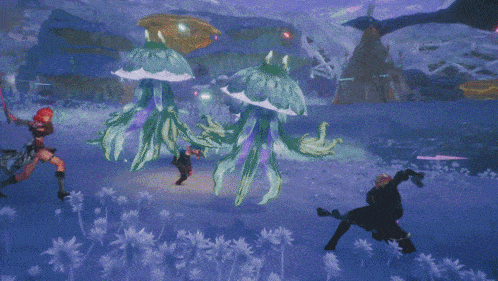 a video game scene with a purple light coming from a monster