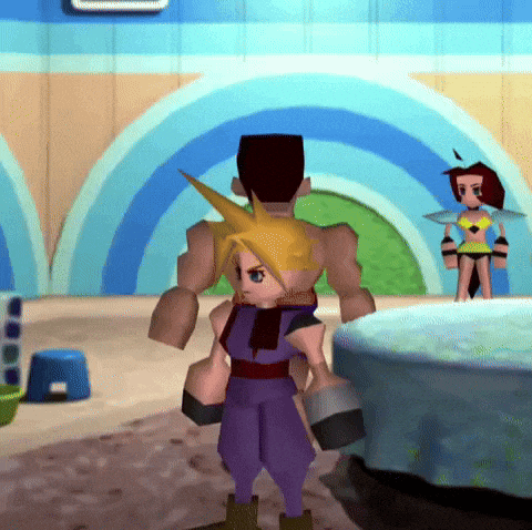 a video game character is standing in front of a table