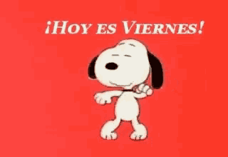 snoopy is dancing on a red background with the words hoy es viernes written on it .