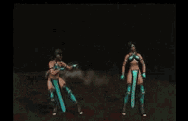 two women are fighting each other in a video game with swords .