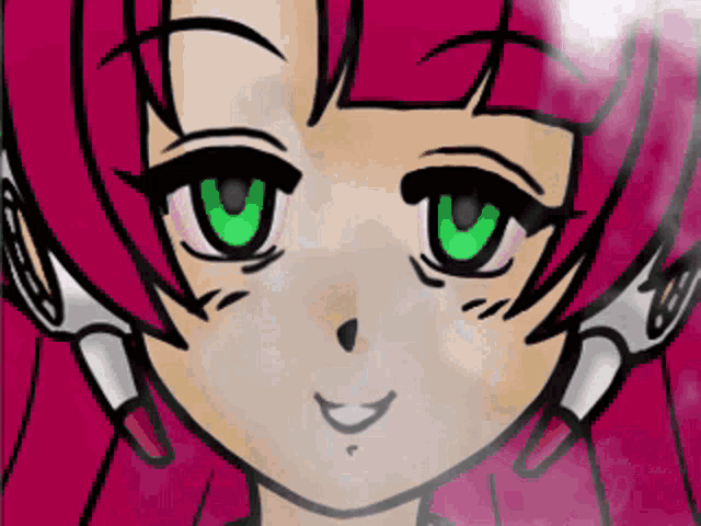 a girl with pink hair and green eyes is smiling