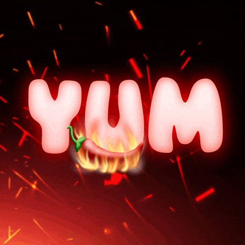 the word yum is surrounded by flames and smoke