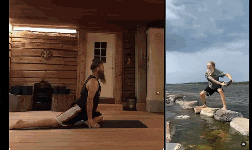 a man is doing yoga next to a woman stretching