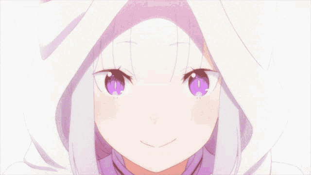 a girl with white hair and purple ears is laughing