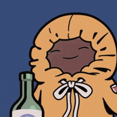a cartoon character is holding a bottle of wine and smiling