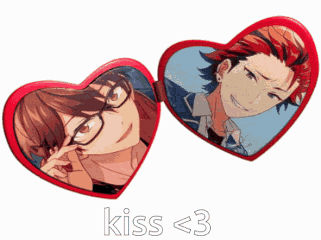 a red heart shaped mirror with two pictures of anime characters and the words kiss < 3