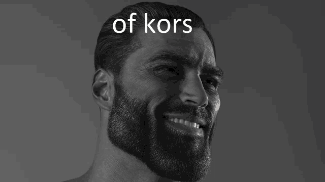 a man with a beard is smiling in a black and white photo that says of kors