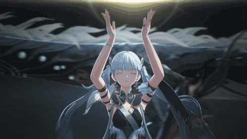a blue haired anime girl with her eyes closed and her arms in the air