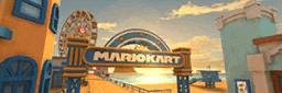 a video game scene with a sign that says mariokart on it