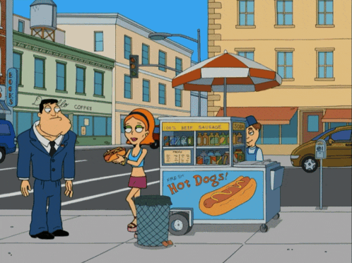 a cartoon of a hot dog stand with a woman holding a hot dog in front of it