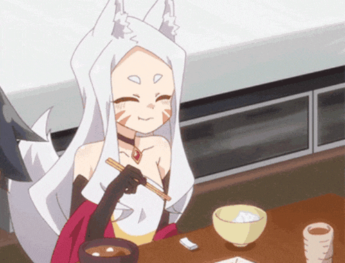 a girl with white hair is sitting at a table with chopsticks in her hand