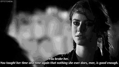 a woman is crying in a black and white photo with a quote that says you broke her