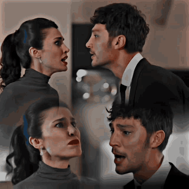 a man and a woman are standing next to each other and looking at each other