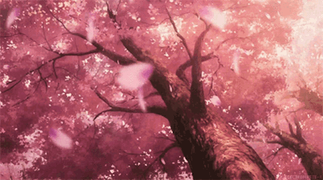 a painting of a tree with pink flowers on it