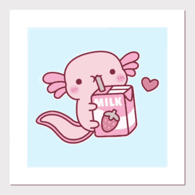 a pink axolotl is drinking strawberry milk through a straw .