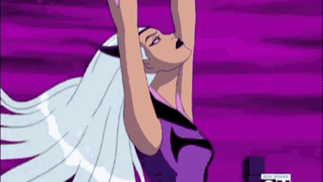 a woman in a purple dress is hanging upside down with her arms outstretched