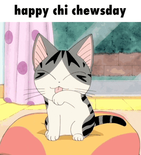 a cartoon cat is sitting on a pillow and the caption says happy chi chewsday