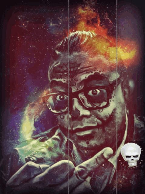 a painting of a man with glasses and a skull that says ' i 'm sorry '