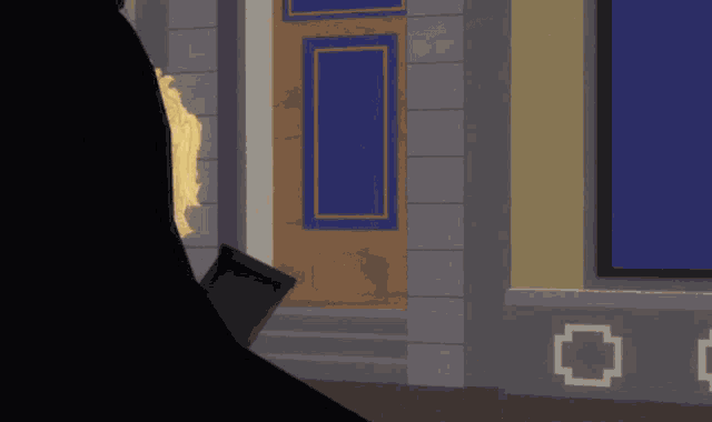 a cartoon drawing of a person standing in front of a building