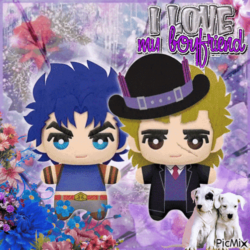 a couple of stuffed cartoon characters with the words i love my boyfriend