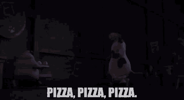 two cartoon characters are standing next to each other in a dark room and one of them is talking about pizza .
