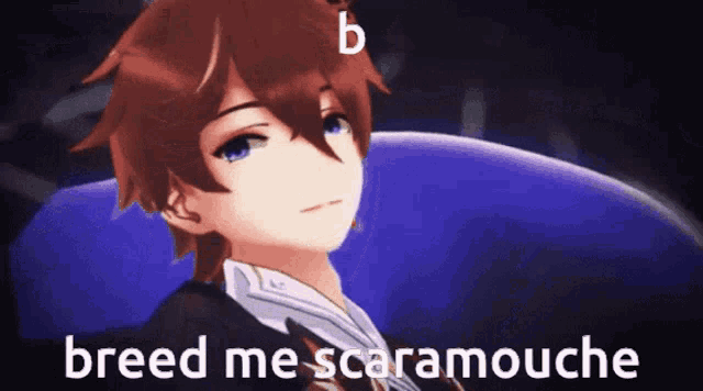 a cartoon character with the words breed me scaramouche