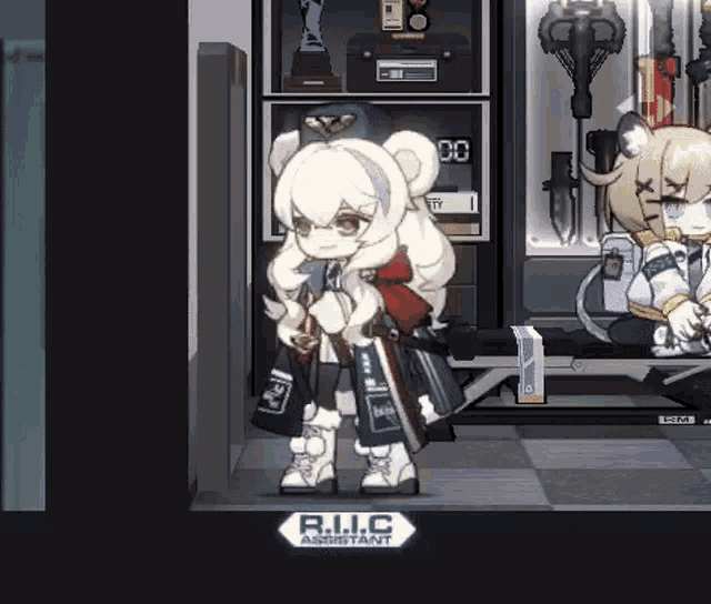 a girl in a r.i.i.c assistant outfit is standing in a room