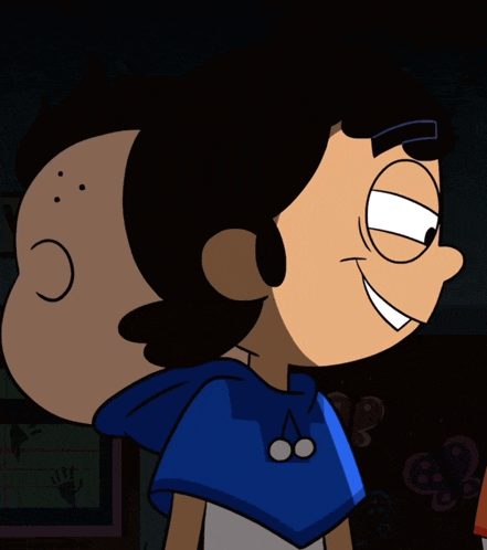 a cartoon character with a blue hoodie has a cherry ear bud
