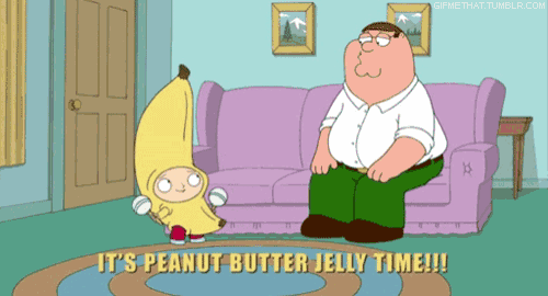 a cartoon of peter griffin sitting on a couch with a person in a banana costume