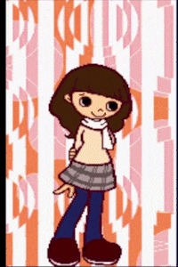 a cartoon girl with a scarf around her neck stands in front of a striped background