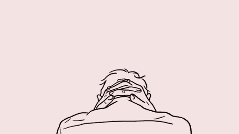 a black and white drawing of a man covering his face with his hands and the word please .