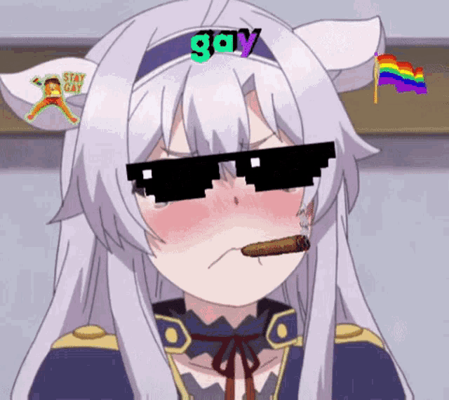 a girl wearing sunglasses is smoking a cigar and has the word gay on her head