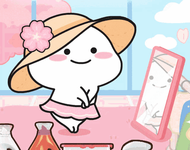 a cartoon character wearing a hat and a pink skirt is standing in front of a mirror