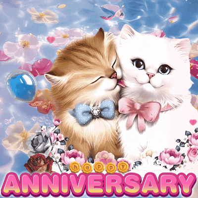 a picture of two cats kissing with the words anniversary written below them