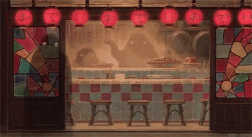 a stained glass window in a restaurant shows a ghost behind the counter