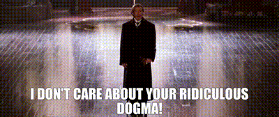 a man in a black coat is standing in the rain with the words i do n't care about your ridiculous dogma
