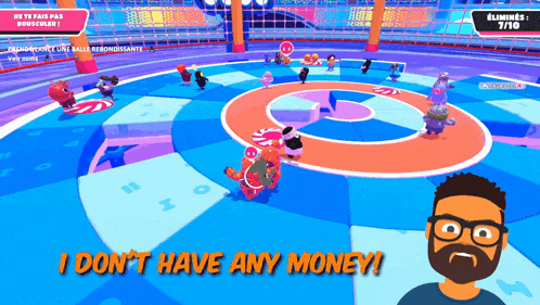 a man playing a video game with the words i don 't have any money on the screen