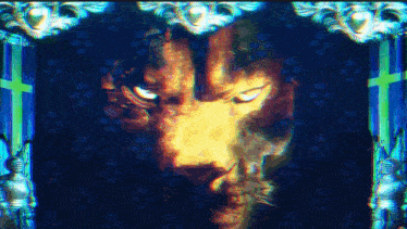 a painting of a lion 's face with a cross behind it