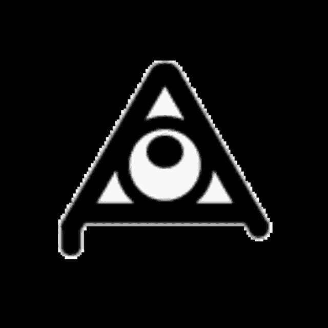a black and white triangle with a white eye in the middle .