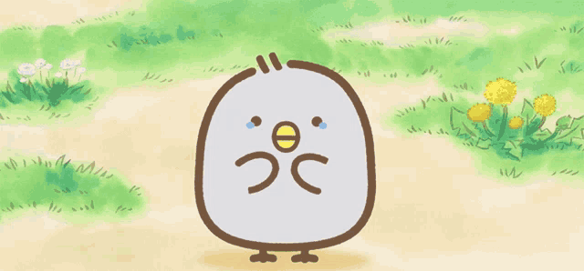 a cartoon drawing of a bird with a sad face and a yellow beak