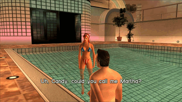 a woman in a bikini stands next to a man in a pool and says uh candy could you call me