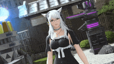 a woman with white hair wearing glasses and a black dress