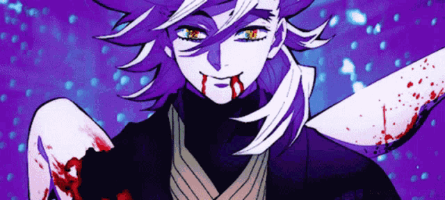 a purple haired anime character is holding a bloody knife .