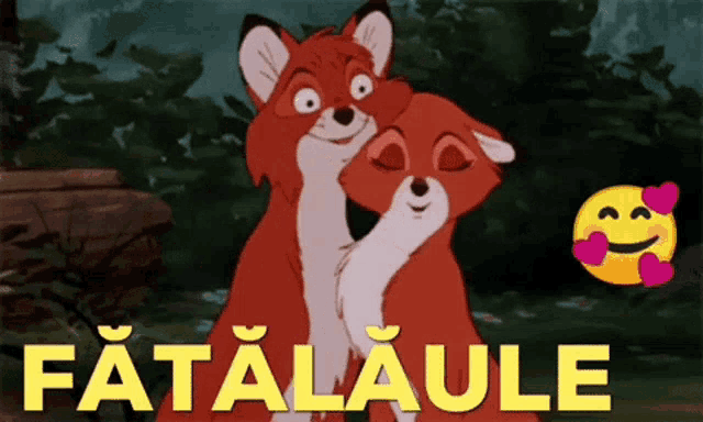 a couple of cartoon foxes hugging with the words fatalaule written in yellow