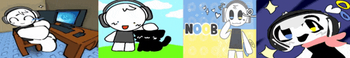 a cartoon character with headphones and the word nob