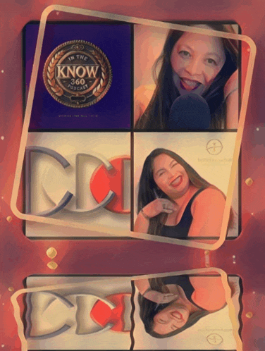 a woman is smiling in front of a sign that says in the know 360 podcast