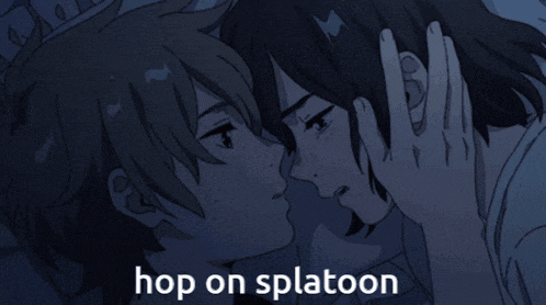 a cartoon of two people kissing with the words hop on splatoon below them