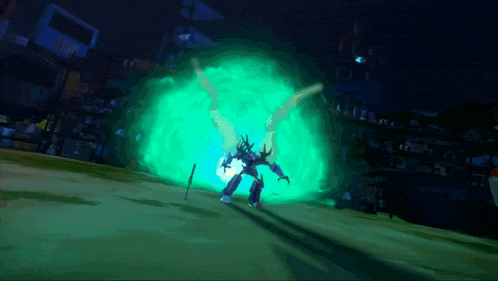 a video game scene with a robot and a green light behind it