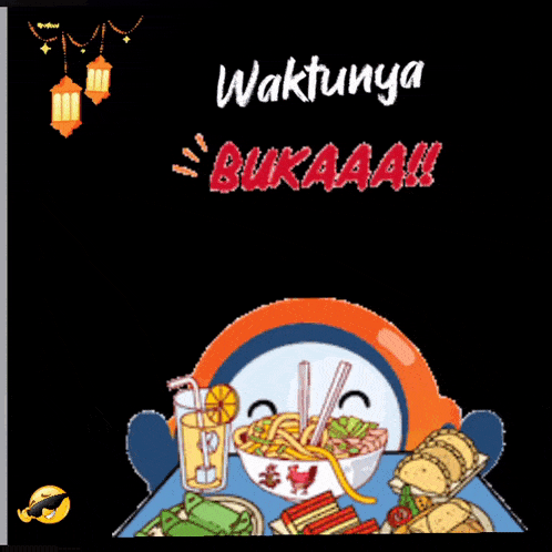 a cartoon of a robot eating a bowl of noodles with the words " waktunya bukaaa " above it