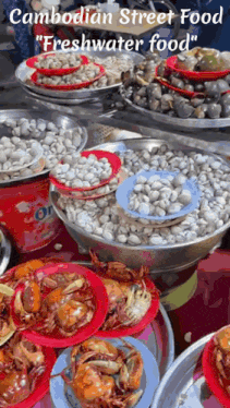 a variety of seafood is displayed at a cambodian street food freshwater food